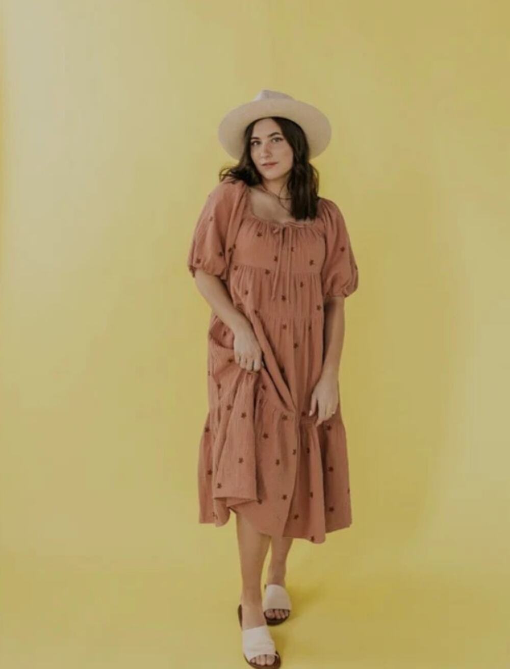 Lindsay Brooke x Roolee Floral Smoked Puff Sleeve Midi Dress Women Size S Pink